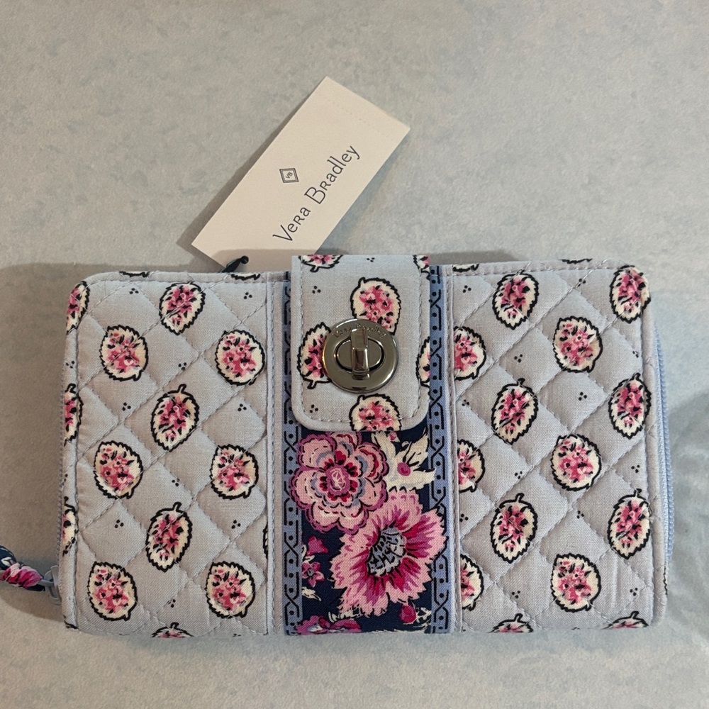 Vera Bradley Quilted Floral Turn-Lock Wallet in Light Gray and Pink